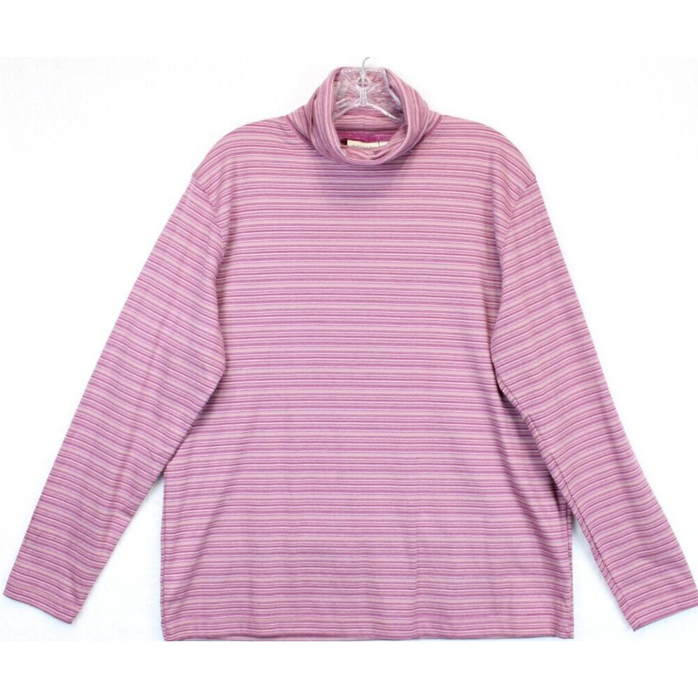 St John's Bay Purple Stripe Turtleneck Top Women L 100% Cotton Long Sleeve